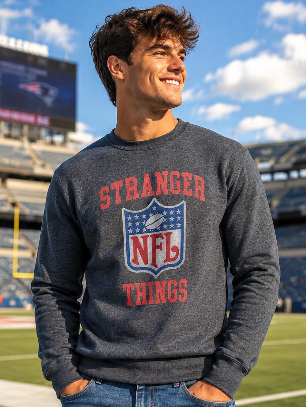 NFL x Stranger Things 11 Eleven Gray pullover crew sweatshirt NEW NWT Small Mens